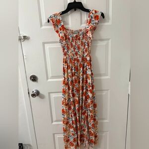 Floral Ruffle Sleeve Maxi Dress - Orange and White
